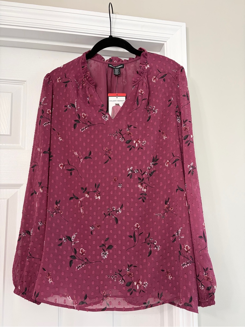 Hilary Radley Plum Floral V-Neck Long-Sleeve Blouse
